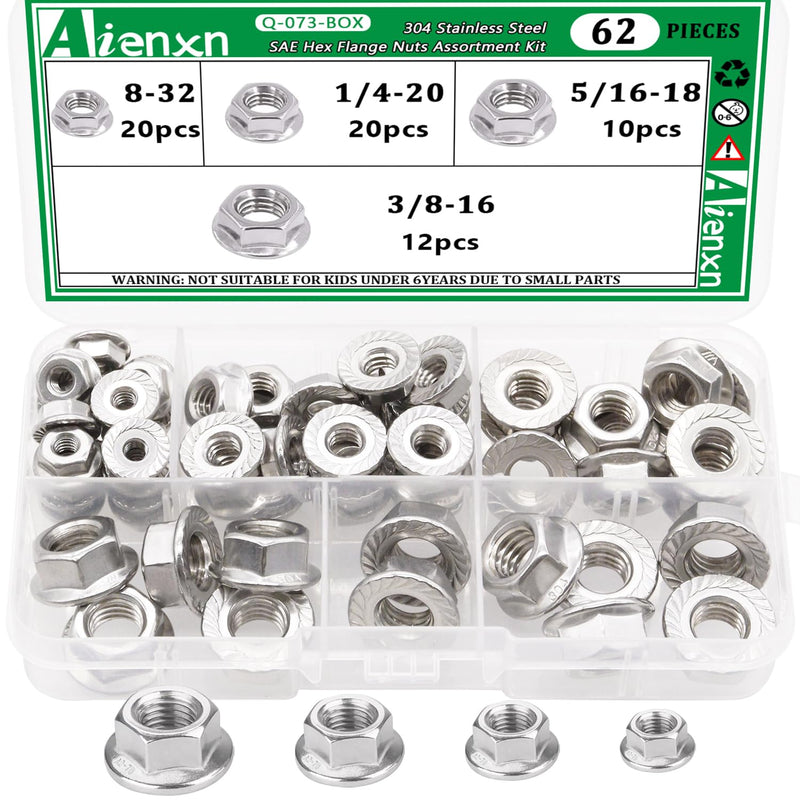 304 Stainless Steel Hex Flange Nuts Assortment Kit, 4 SAE Sizes 62PCS, 8-32, 1/4-20, 5/16-18, 3/8-16 Q-073-BOX