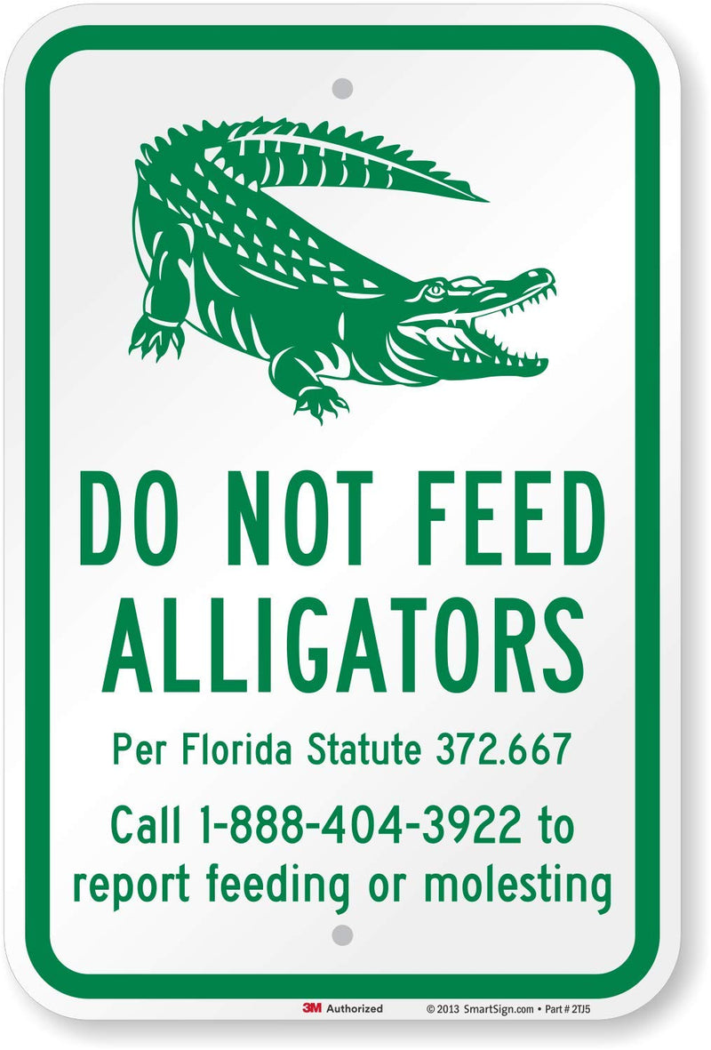 SmartSign - K-9824-HI-12x18 "Do Not Feed Alligators" Official Florida Sign | 12" x 18" 3M High Intensity Grade Reflective Aluminum Green on White HIS Reflective Aluminum 18" x 12"