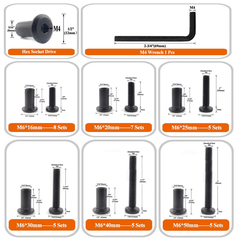 [Australia - AusPower] - Black M6 Hex Drive Socket Cap Bolts Screws Kit,30-Sets Binding Post Screws Socket Cover Connecting Bolt Fixing Post Screw for Furniture Chair Crib Table Cabinets,M6x16mm/ 20mm/ 25mm/ 30mm/ 40mm/ 50mm Black Black-6sizes-35sets 