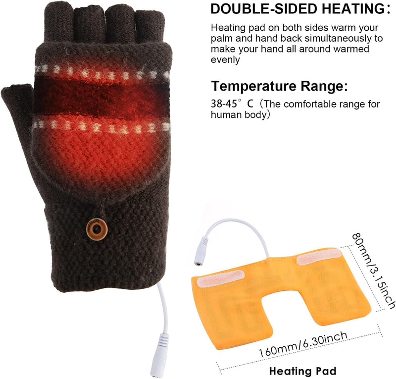 [Australia - AusPower] - Mens Womens USB Heated Gloves Mitten USB Hands Warmer Laptop Gloves Full& Half Fingerless Winter Warm Heating Gloves Men Black Grey - 2 