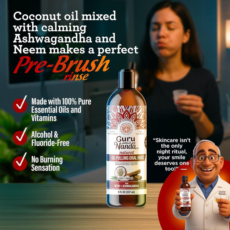 GuruNanda Cinnamon Oil Pulling Mouthwash, Promotes Calmness, with Neem & Ashwagandha for Fresh Breath & Happy Gums, Alcohol-Free, with Toothbrush & Tongue Scraper, 8 Oz (Pack of 2) 8 Fl Oz (Pack of 2)