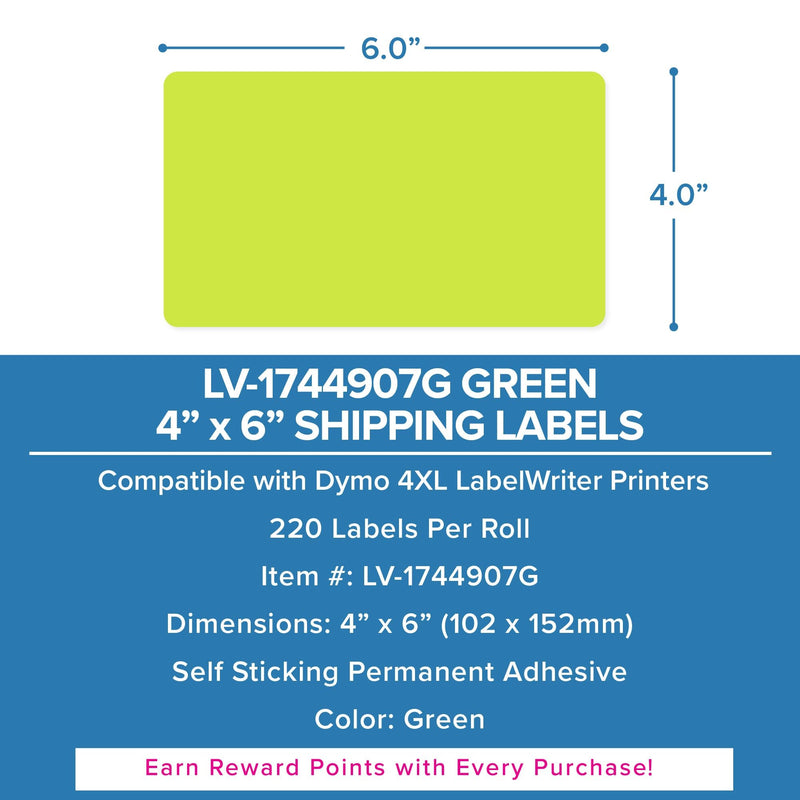 LabelValue LV-1744907G 4 x 6 Green Shipping Labels Compatible with Dymo LabelWriter 4XL - Direct Thermal, 220 Labels per Roll, Permanent Adhesive, Made in USA
