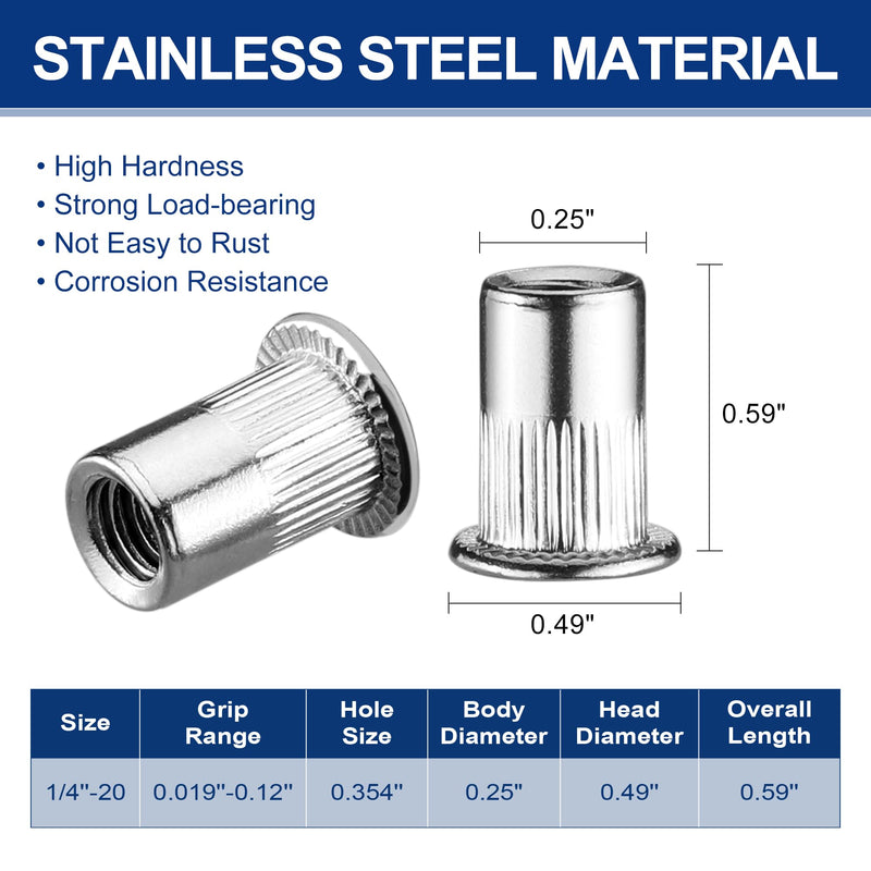[Australia - AusPower] - WORKPRO 50Pcs Rivet Nuts, 1/4”-20 Stainless Steel Rivnut, Flat Head Threaded Insert Nutserts with Knurled Body 50pc Stainless Steel 