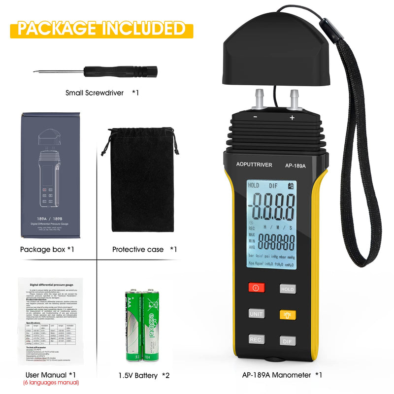 AP-189A Professional Air Pressure Gauge, Gas Pressure Gauge with Two Connections, Differential Pressure Gauge with 11 Selectable Units, HVAC Pressure Gauge with Data Storage AP-189A (6Psi)