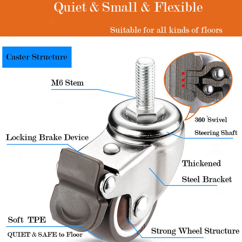 [Australia - AusPower] - Stem Casters, 360 Degree Swivel Stem TPR Wheels with Metric M6-1.0x15mm Thread Rods Replacement Industrial Castors for Carts, Furniture, Dolly, Workbench (1.5 inch with Brakes) 1.5 inch with Brakes 