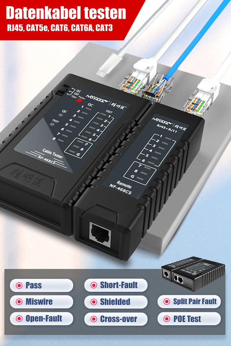 [Australia - AusPower] - NF-468CS Network Cable Tester RJ45/RJ11/CAT5/CAT6/CAT5E/CAT6A/CAT7/POE Test UTP/STP, LAN Cable Tester, Network Ethernet Cable Mapper, Continuity Tester, Telephone Line CAT3, LAN Cable Test Network 