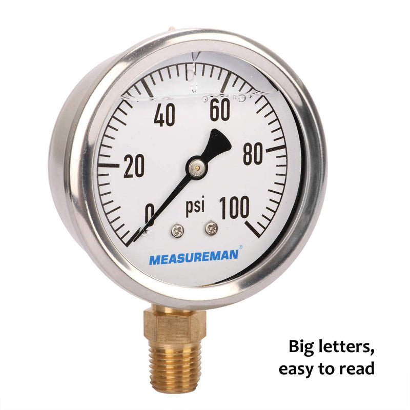 [Australia - AusPower] - MEASUREMAN 2-1/2" Dial Size, Glycerin Filled Plumbing Pressure Gauge, 0-100psi, Stainless Steel Case, 1/4"NPT Lower Mount 0-100 psi 