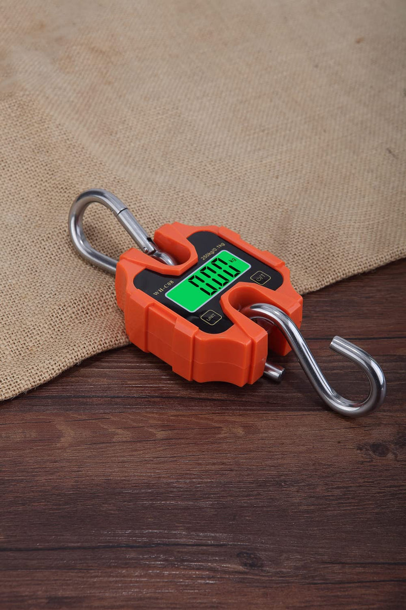 Klau Portable Crane Scale 250 kg / 500 lb Heavy Duty Digital Hanging Scales LCD Display with Backlight for Home Farm Hunting Outdoor Orange Stainless Steel