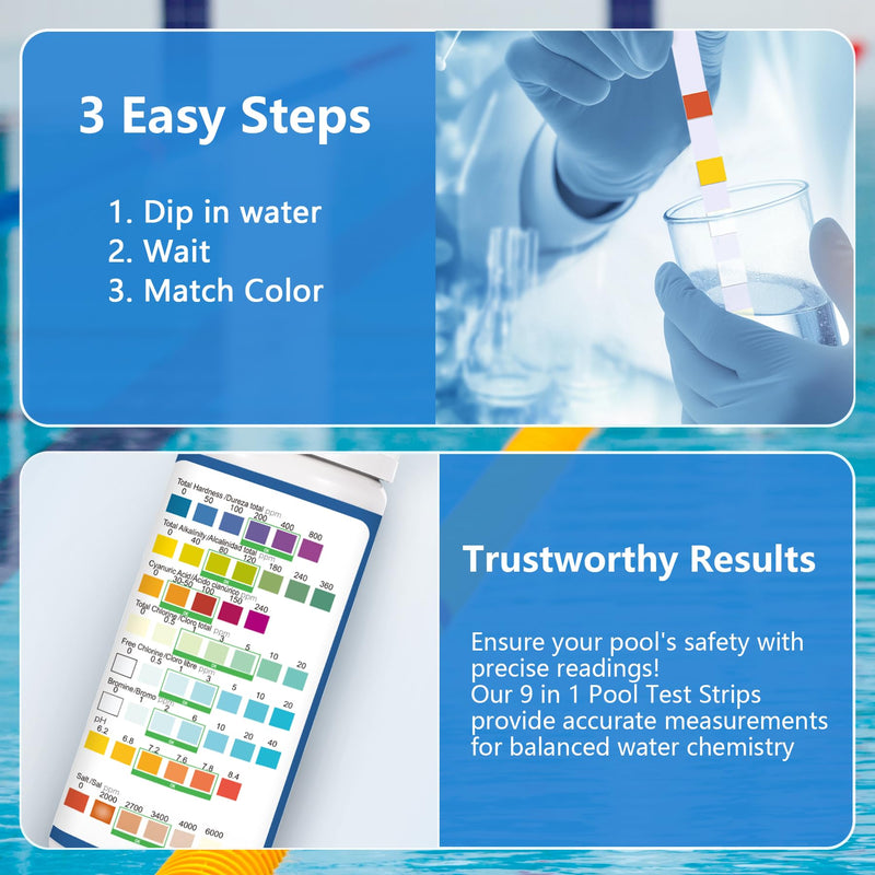 Pool Salt Test Strips 150 Counts - 9 in 1 Salt Water Pool Testing Kit Dectect Salt Copper Hardness pH Alkalinity Bromine Cyanuric Acid for for Pool Spa Hot Tub Saltwater Pool-140PCS+10 Copper Tests 9IN1