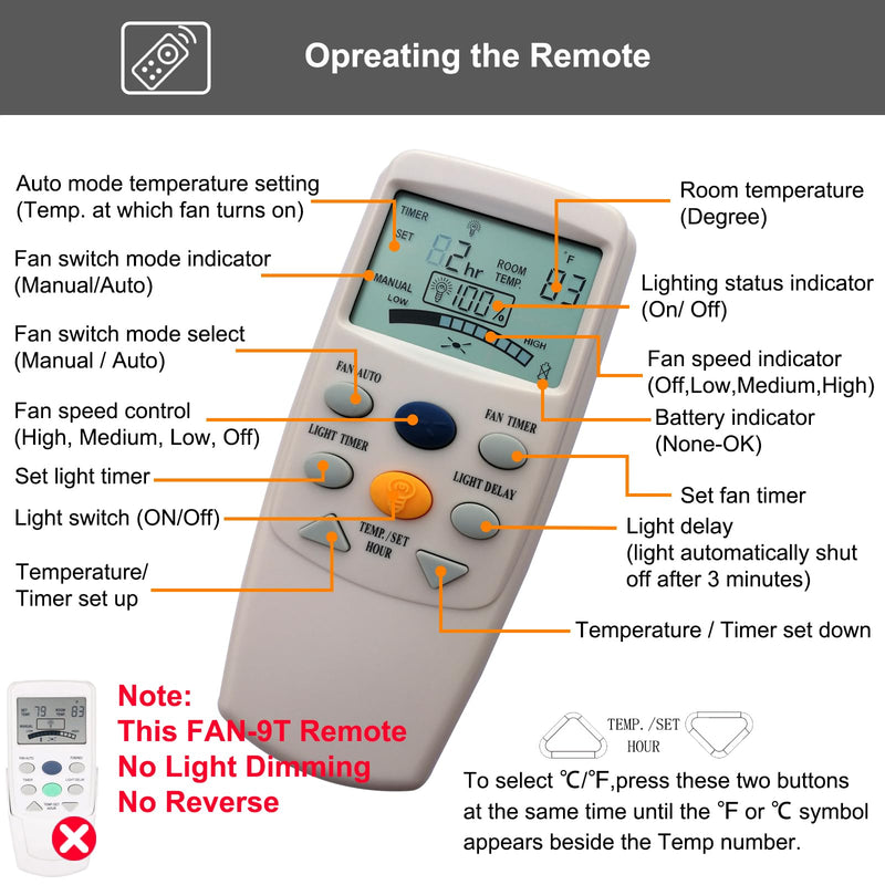 CENMING FAN-9T Thermostatic Ceiling Fan Light Remote Control Kit for Hampton Bay Hunter,w/Receiver Fan Timer Key LCD Display Temp 3-Speed, Replacement for FAN-9T L3HFAN-9T, No Dimmer No Reverse 9T FAN TIMER Kit