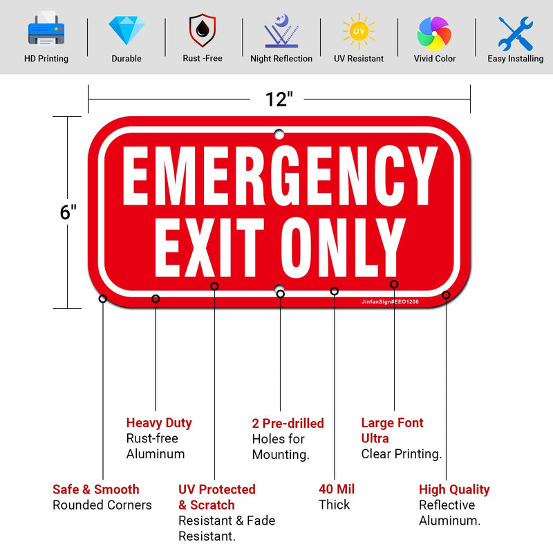 (2 Pack) Emergency Exit Only Signs, 12" x 6" Emergency Exit Sign, Rust Free Reflective Aluminum, Fade/Weather Resistant, UV Protected, Indoor/Outdoor Use, Easy to Install