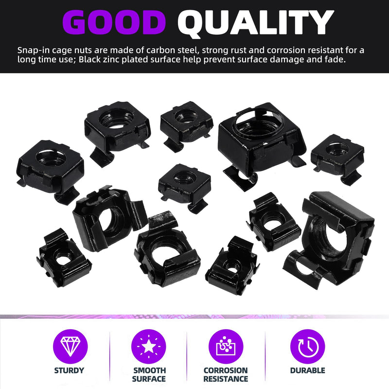 [Australia - AusPower] - Swpeet 48Pcs 6 Sizes M4 M5 M6 M8 M10 M12 Black Zinc Plated Carbon Steel Snap-in Cage Nuts, Square Cage Nut, Rack Rail Retainer Nuts, Server Shelf Cabinets Rack Mount Cage Nuts, Clip-On Computer Nuts 48 