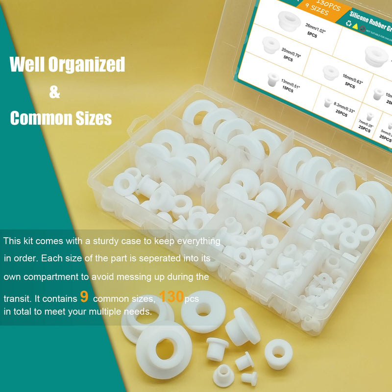[Australia - AusPower] - 130PCS Silicone Rubber Grommets for Wiring, White Top Hat Rubber Grommet Assortment Kit, 9 Sizes Round Hole Rubber Wire Grommets for Automotive, Vinyl Tubing in Hydroponic and Irrigation Systems 