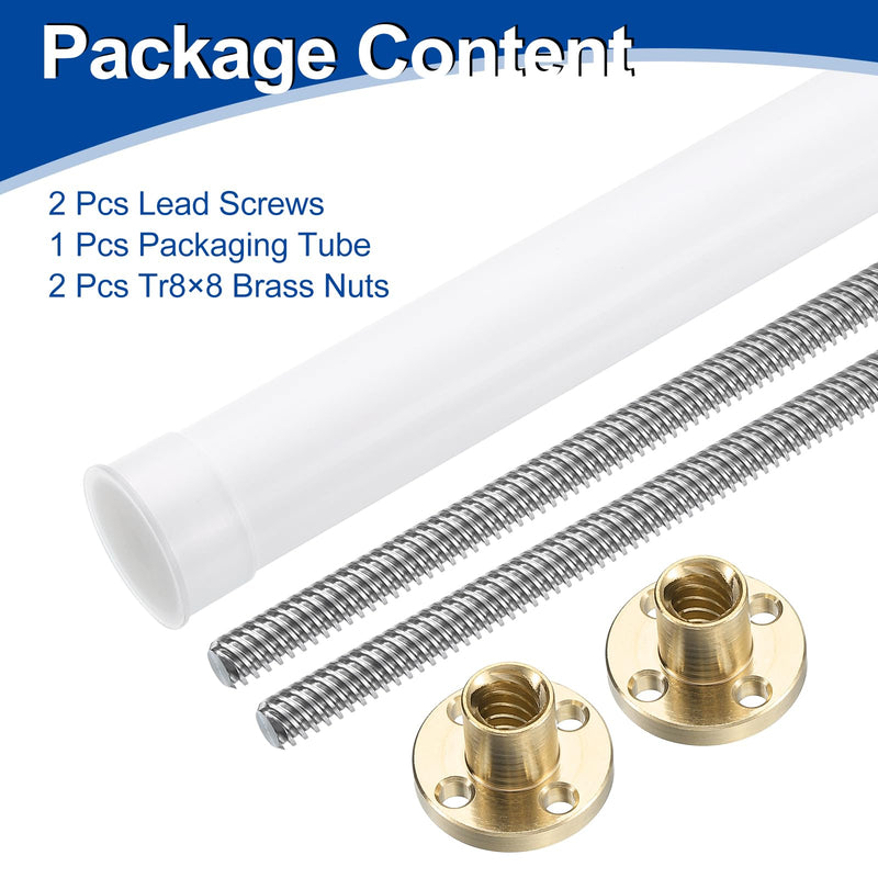 uxcell 2Pcs 480mm Tr8x8 Lead Screw with Brass Nut (Acme Thread, 2mm Pitch, 4 Starts, 8mm Lead), 304 Stainless Steel Screw Bar Printer Upgrade Parts with Plastic Packaging Tube, Silver