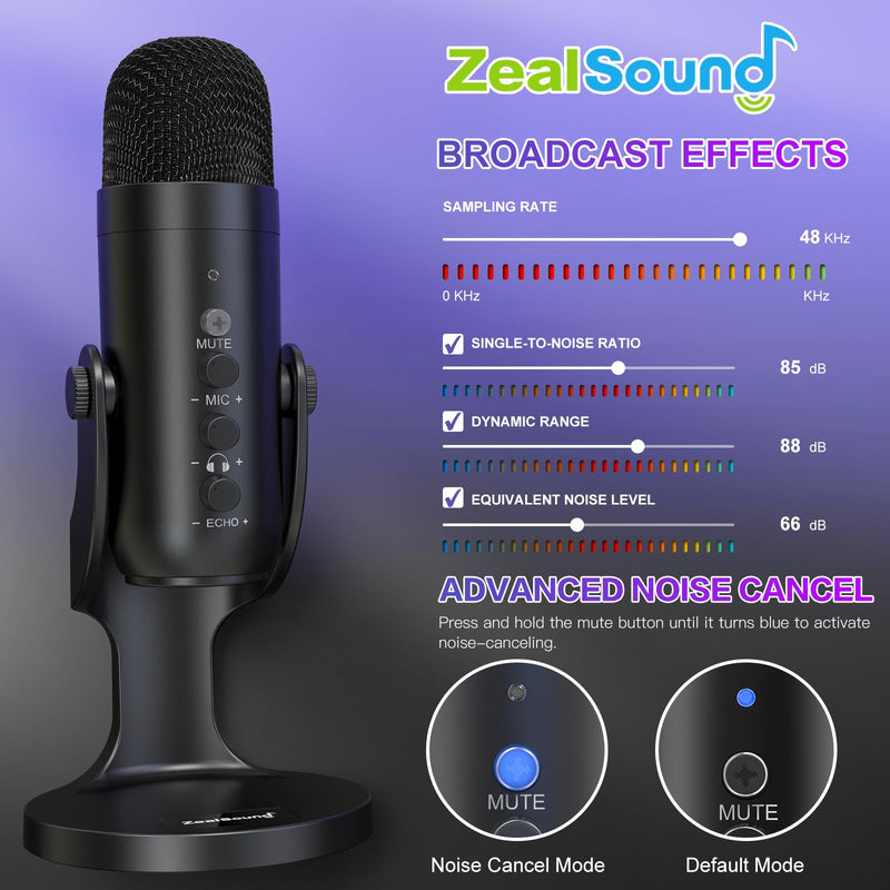 [Australia - AusPower] - ZealSound USB Microphone,Condenser Computer PC Mic,Plug&Play Gaming Microphones for PS 4&5.Headphone Output&Volume Control,Mic Gain Control,Mute Button Vocal,YouTube Podcast on Mac&Windows(Black) Black 