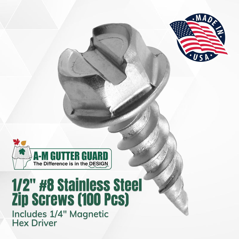 [Australia - AusPower] - A-M Gutter Guard - 1/2" #8 Stainless Steel Zip Screws - Self-Piercing Easy Start Tip - Mill Finish - 1/4" Slotted Hex Washer Head - Pack of 100 - Includes 1/4" Magnetic Hex Driver – For Gutter Install 