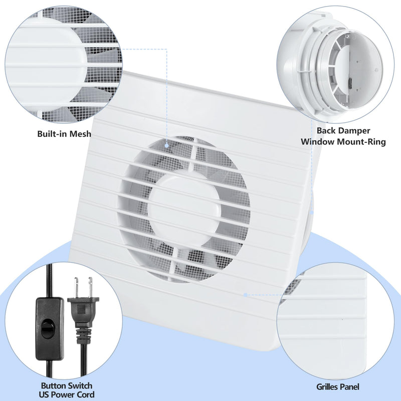 4inch Exhaust Fan, Window Wall Mount Vent Extractor Fan | Button Switch, Cord Included, For Kitchen Bathroom Workshop Garage, Grilles Panel with Mesh 4inch Grilles Panel with Mesh