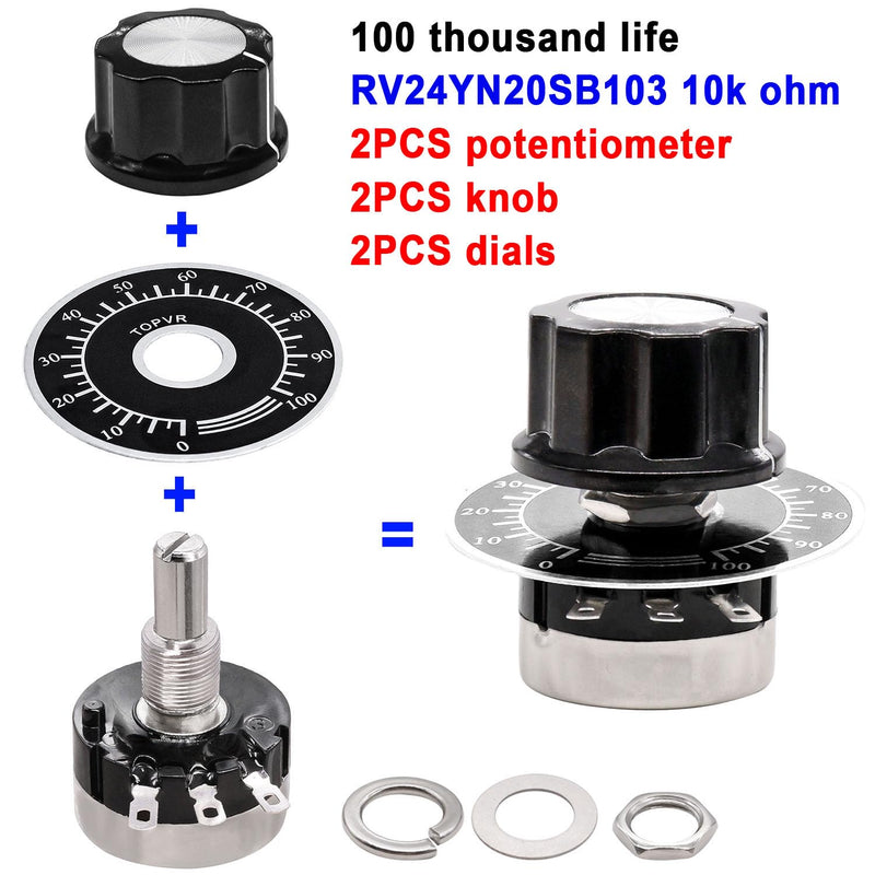 Taiss 2pcs RV24YN20S 10K Potentiometer Single Turn Carbon Film Rotary Taper Potentiometer Used for Inverter speed regulation Motor speed control + 2pcs A03 knob + 2pcs dials (B103 10K ohm) B103 10K ohm