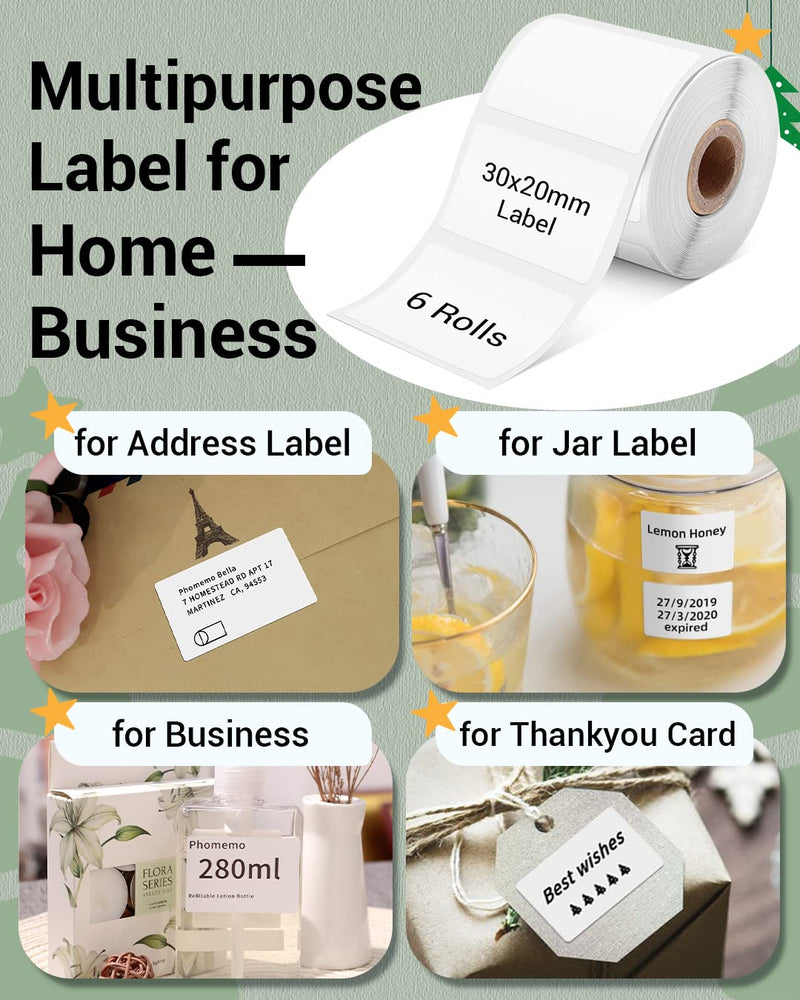 [Australia - AusPower] - Phomemo Sticker Labels 1.18" x 0.79" (30x20mm) 6 Rolls, for M110/M110S/M120/M200/M220 Printer - Black on White, for Small Business, Home, Office, 320 Labels/Roll 1.18" × 0.79" 