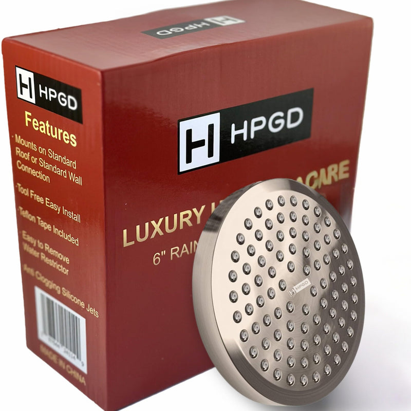 Shower Head - High Pressure Rain, 6-Inch Round, Luxury Nickel Finish, Universal Shower Head Replacement, Premium Quality Anti-Clogging Nozzles, Tool-Free Minute Installation (Brushed Nickel) Brushed Nickel