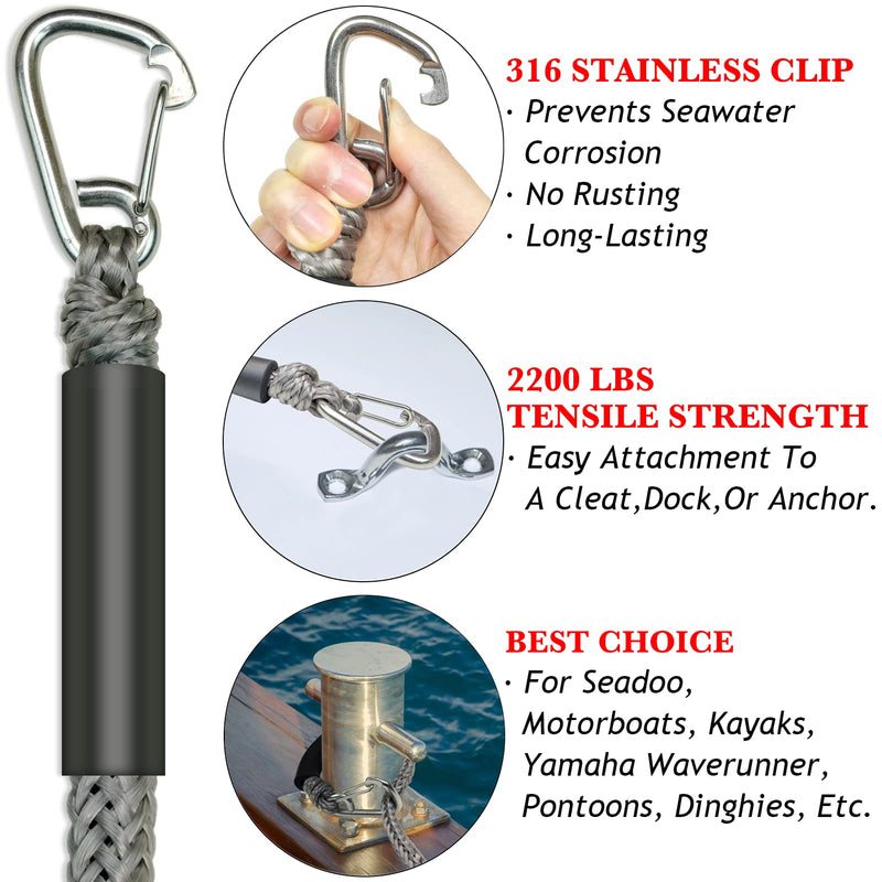 316 Stainless Clip 3 Feet Boat Bungee Dock Lines 2PCS Boat Accessories Marine Grade Quickly Mooring for Jet Ski, SeaDoo,Kayak, Pontoon Boat, Dinghy 3~4.5 Feet (Grey, 3 Feet) Grey