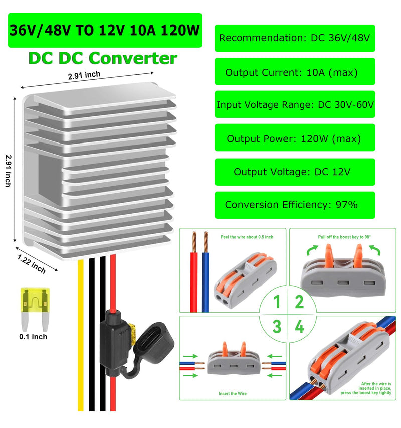 [Australia - AusPower] - 10A 120W Golf Cart 18V 20V 24V 36V 48V Step Down to DC 12V Converter Voltage Regulator Reducer Power Buck Converter Waterproof Transformer 30-60V to 12V 10A 
