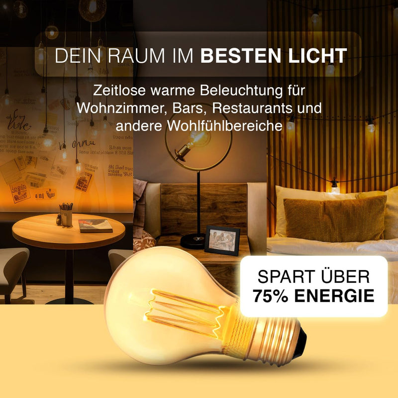 Greenandco® Vintage Design LED Bulb for Mood Lighting, E27 A60 Edison Light Bulb, 2 W 65 lm 1800 K Gold Extra Warm White, 320°, 230 V, Flicker-Free, Not Dimmable 1 pc.
