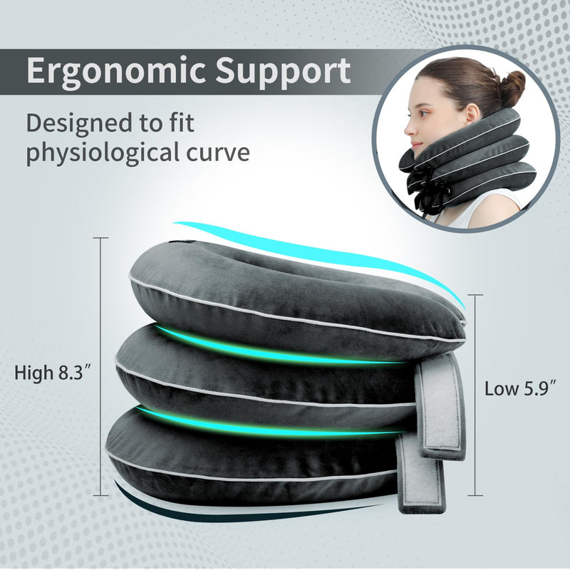 [Australia - AusPower] - Cervical Neck Traction Device for Neck Pain Relief - Inflatable Neck Stretcher Traction Collar for Neck Decompression - Best Home Use Neck Brace, Neck Traction Pillow, Neck Pump (Black Plush) 