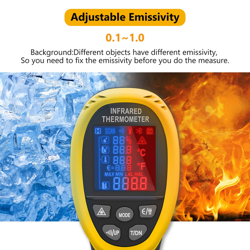 [Australia - AusPower] - Pyrometer, Industrial Laser Thermometer Gun-58℉~1472℉ High Temp Infrared Thermometer, Non-Contact Thermometer w/Humidity, Ambient Temperature & Dew Point, Temp Alarm【NOT for Human】 985E 
