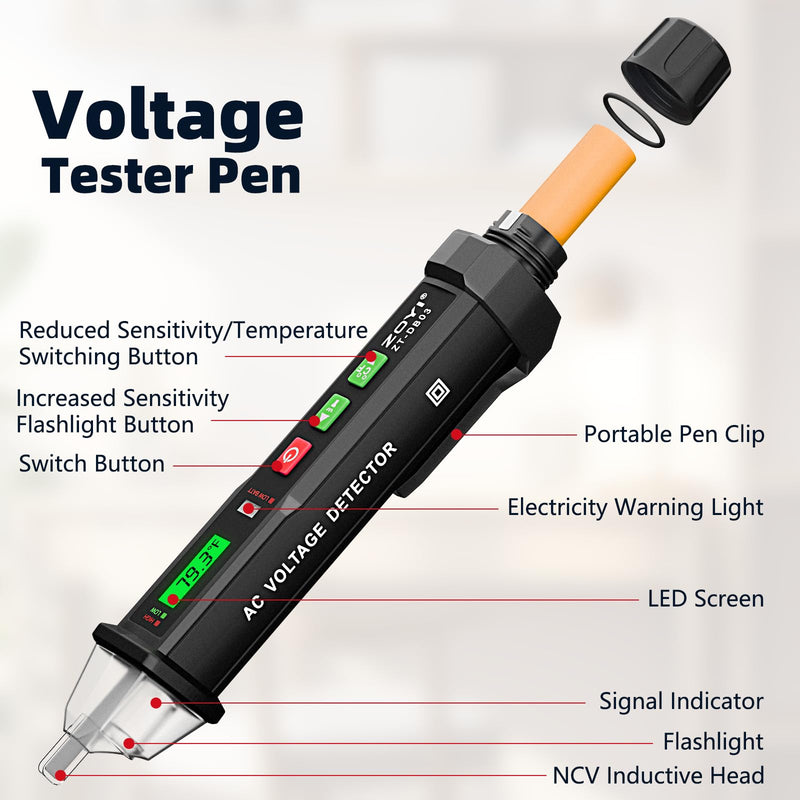 [Australia - AusPower] - Voltage Tester - 2024 Professional Electrical Tester with LED Light, Non Contact Voltage Tester with Temperature Display, Battery-Operated Electric Tester Pen, AC 12V/70V-1000V 