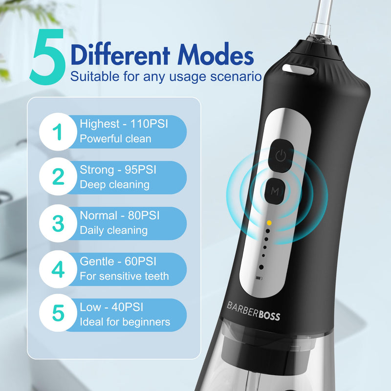 BarberBoss Wireless Oral Irrigator for Teeth and Gums, Rechargeable Oral Irrigator, 5 Cleaning Modes, 6 Nozzles and LED Display, IPX7 Waterproof Dental Floss Set (Black)
