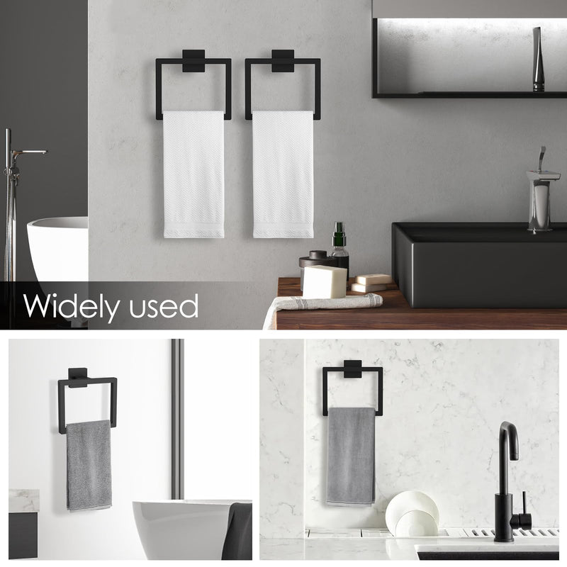 Stainless Steel Square Towel Racks for Bathroom, Black Hand Towel Holder Wall Mount, Modern Towel Ring for Guest Bath, Bathroom Accessories, Bathroom Towels for Wall, Rust-Proof, 2 Pack Black 2pcs