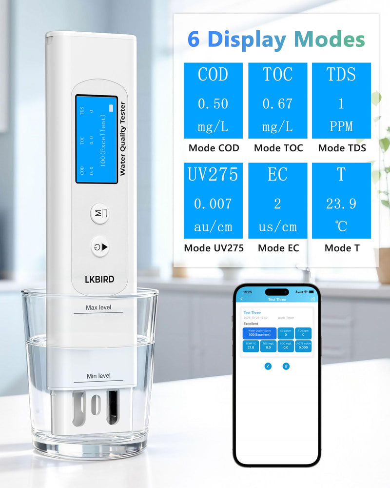 6-in-1 Smart Water Tester for Drinking Water with APP Monitoring, Digital Water Testing Kit for TDS Meter, EC, Temp, TOC, COD, UV275, Professional Water Tester for Home, Well, Tap & Outdoor. 6in1 water tester