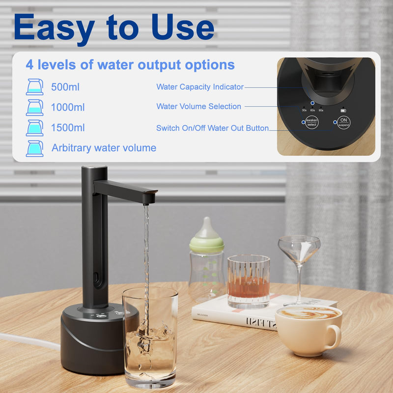 Latedaux 5 Gallon Dual-use Desktop Electric Water Bottle Dispenser, USB Type-C Charging Automatic Countertop Drinking Water Bottle Pump for 2-5 Gallon, Smart Water Jug Dispenser for Camping(Black) Black
