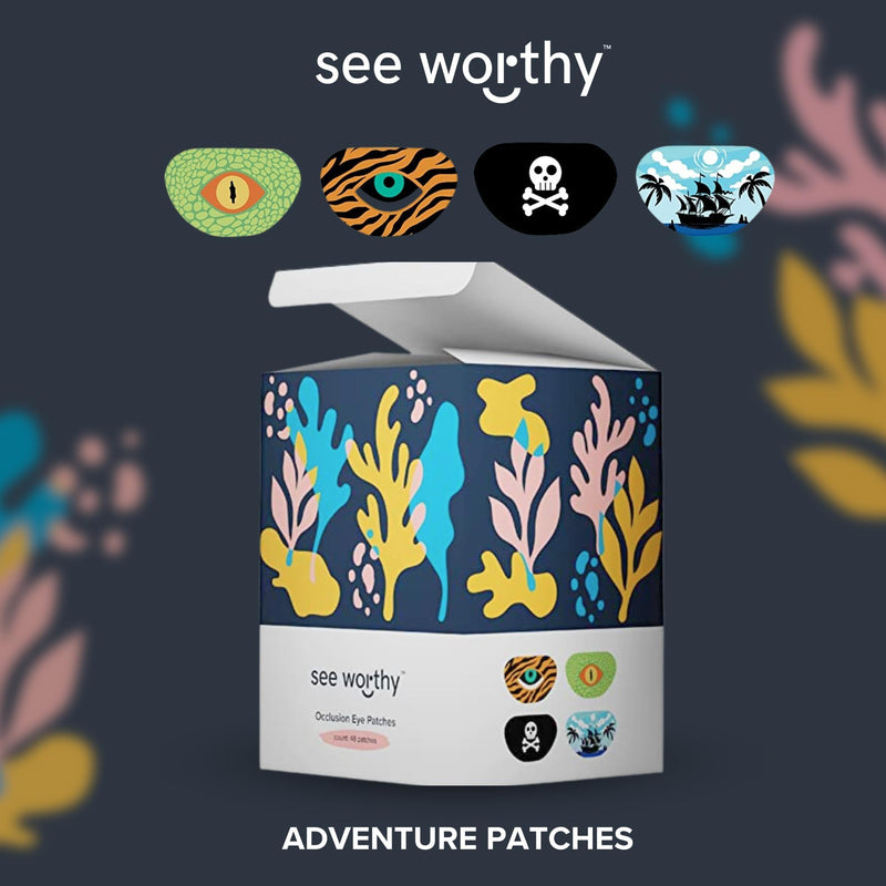 [Australia - AusPower] - See Worthy Adventure Eye Patches - Innovative, Smart Adhesive Technology - Breathable & Comfortable Eyepatch for Lazy Eye - Soft Patches, Concave Shape & Fun Designs (48 per Box) Packaging May Vary 