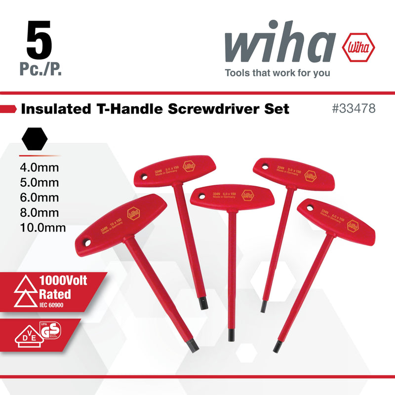 Wiha Tools 33478 Insulated T-Handle Hex Metric Set with 4.0, 5.0, 6.0, 8.0 and 10.0mm, 5-Piece, multi, one size Metric Insulated Set, 5 piece