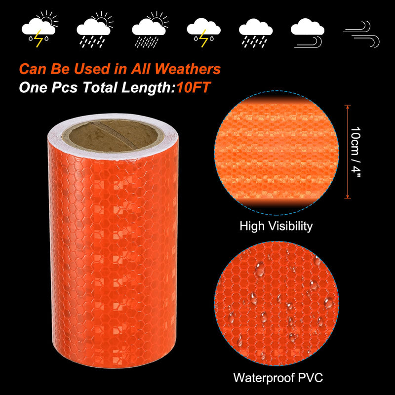 PATIKIL Reflective Tape, 4 Inch x 10 Ft Waterproof High Visibility Warning Safety Adhesive Tape Outdoor Reflector for Cars Trucks, Orange 4IN x 10FT 1