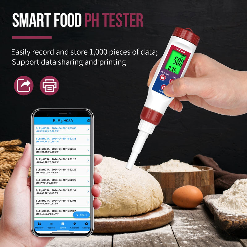 [Australia - AusPower] - Smart pH Meter for Food, GIDIGI Digital Food pH Tester, Accurate Canning pH Test Kits with ATC, Professional Fermenting pH Test Pen, Spear pH Probe for Bread Cheese Sushi Rice Sourdough Sauce Meat 
