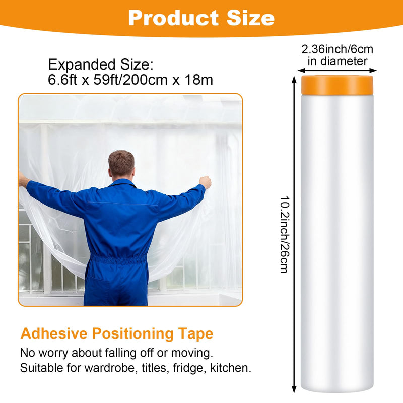 4 Rolls Painters Plastic With Tape, Pre-Taped Masking Film, Automotive Best Tape and Drape, Paint Adhesive Protective Film Roll for Covering Skirting, Frames, Cars and Auto Body (6.6 X 59-Feet)