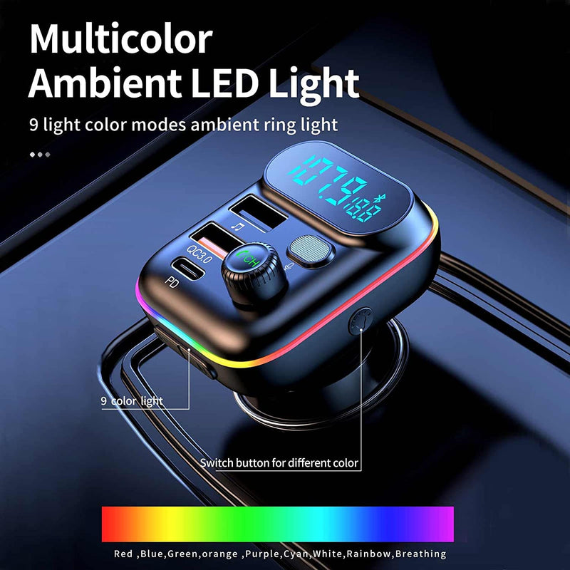 [Australia - AusPower] - Bluetooth Adapter for Car, Wireless FM Radio Transmitter, Wireless Bluetooth 5.0, MP3 Music Player, QC3.0 + PD 20W USB Car Charger, 7 Colors LED Backlit 
