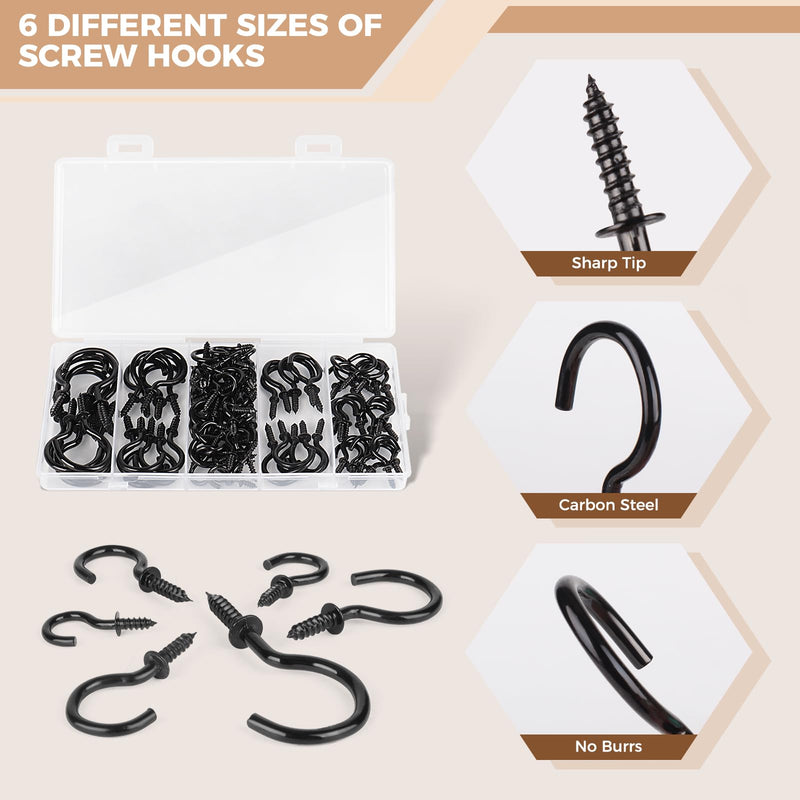 [Australia - AusPower] - RELBRO Screw Hooks, 6 Sizes Metal Screw in Cup Hooks, 1/2 Inch, 5/8 Inch, 3/4 Inch, 7/8 Inch, 1 Inch, 1-1/4 Inch, Black, 110 Pcs 