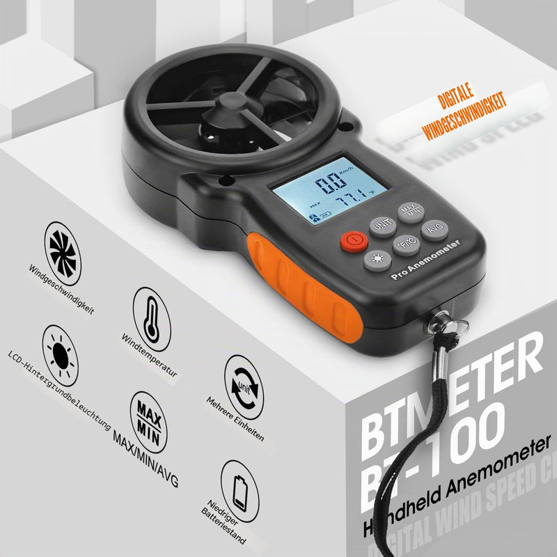 BTMETER BT-100 Wind Gauge, Digital Anemometer with Temperature (℃/℉), 5 Units for HVAC Ventilation, Drone Flight Shooting, Surfing