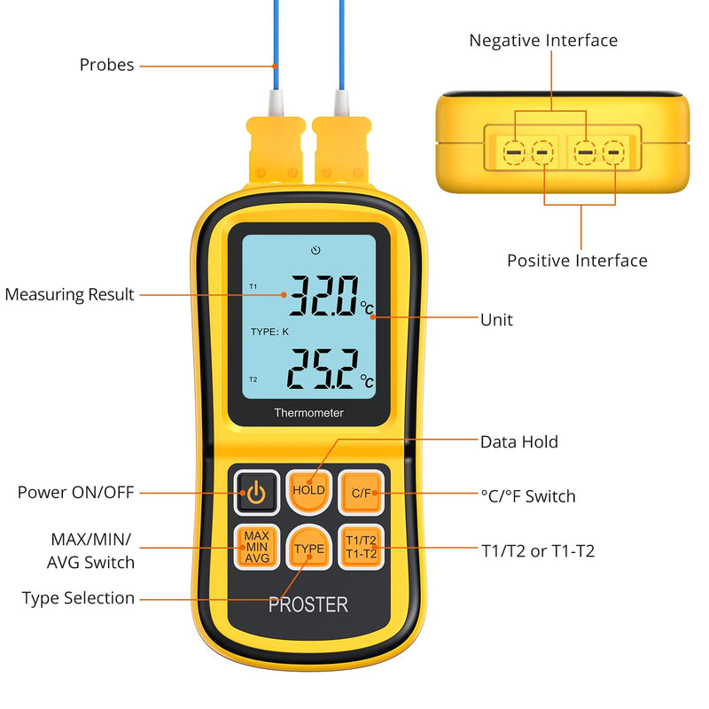 [Australia - AusPower] - Proster Digital Thermometer with 2 Dual Channel K-Type Thermocouples Sensor Probe LCD Backlight Temperature Meter Temperature Meter for Thermocouple Types K/J/T/E/R/S/N - Yellow 