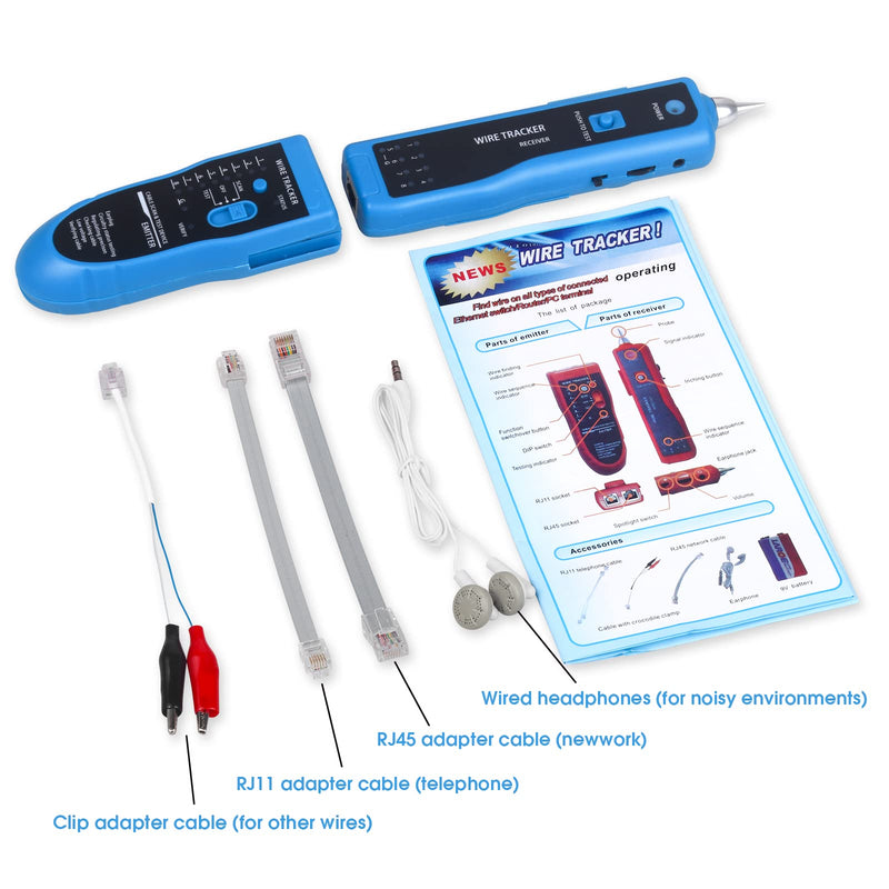 Cable Tracer Ethernet Network Cable Tester RJ45 RJ11 - Wire Toner Tracker CAT5 CAT6 Continuity Tester - Tone Generator and Probe Kit Telephone Line Finder Locator Detector Tool - Blue