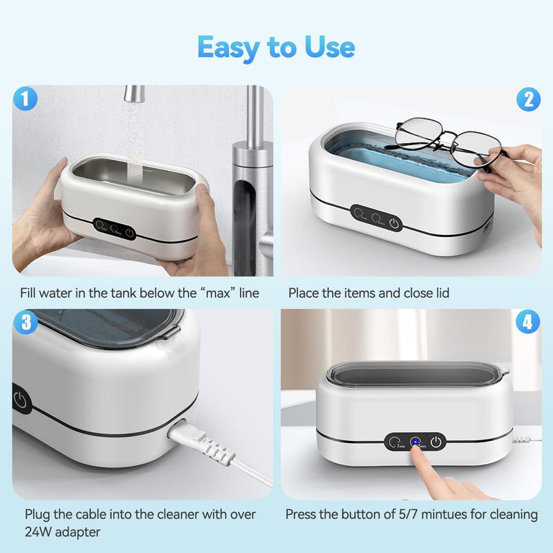 [Australia - AusPower] - Ultrasonic Jewelry Cleaner, 48KHz Ultrasonic Cleaner Machine for Jewelry, Eyeglasses, Rings, Watch Strap, Dentures- Dual Cleaning Modes, 304 Stainless Steel Tank White 