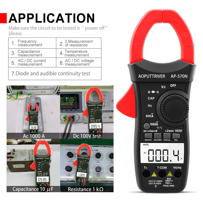 [Australia - AusPower] - Clamp Meter AP-570N TRMS 6000 Counts Clamp Meter AC DC Clamp Meter with Automatic Range, Resistance, Cap, Hz, Duty Cycle, Temperature, Inrush Current Test 