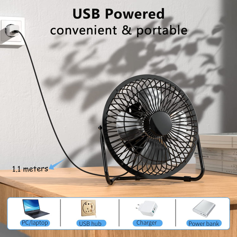 [Australia - AusPower] - Zuvas Desk Fan Quiet Small USB Fan 360° Rotation Portable Table Fan 2 Speed Mini Personal Fan Air Cooling Electric Fan for Home Office Bedroom Travel Camping, 4 inch Black 