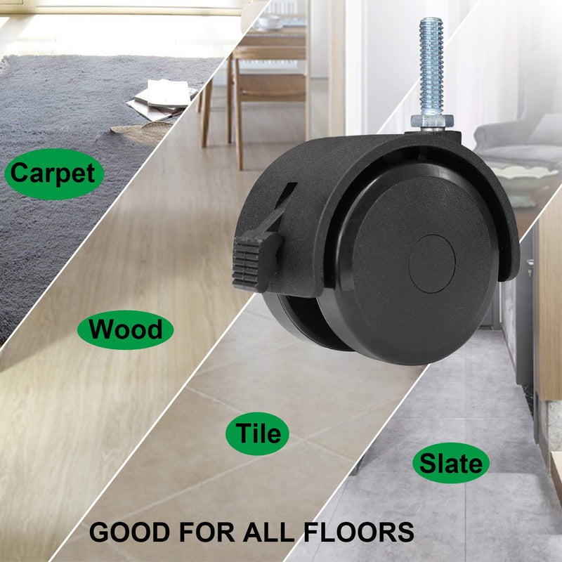 [Australia - AusPower] - AAGUT 2" Swivel Stem Casters with Locking Brake Threaded 1/4" - 20 x 1" for Furniture and Shelves, Black Replacement Castors, Pack of 4 1/4" - 20 x 1" Stem 