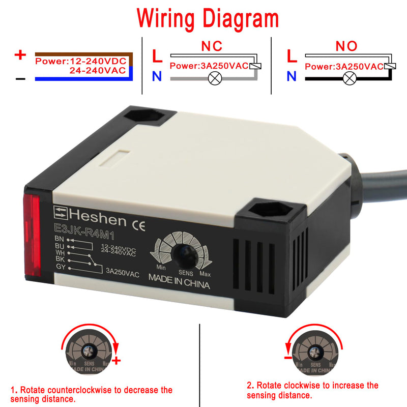 [Australia - AusPower] - Heschen Photoelectric Sensor Switch E3JK-R4M1 24-240VAC/12-240VDC Feedback Reflection Type Detection Distance 4 Meter with Reflector Panel 