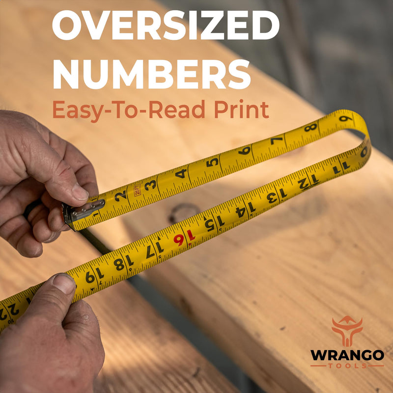 Wrango Tools 30 FT Tape Measure - Retractable Measuring Tape - Oversized & Double-Sided Print - Blade Lock, Finger Brake - High Performance Nylon Coating, 10' Stand-Out - 13' Reach / 1-1/16" Blade Single